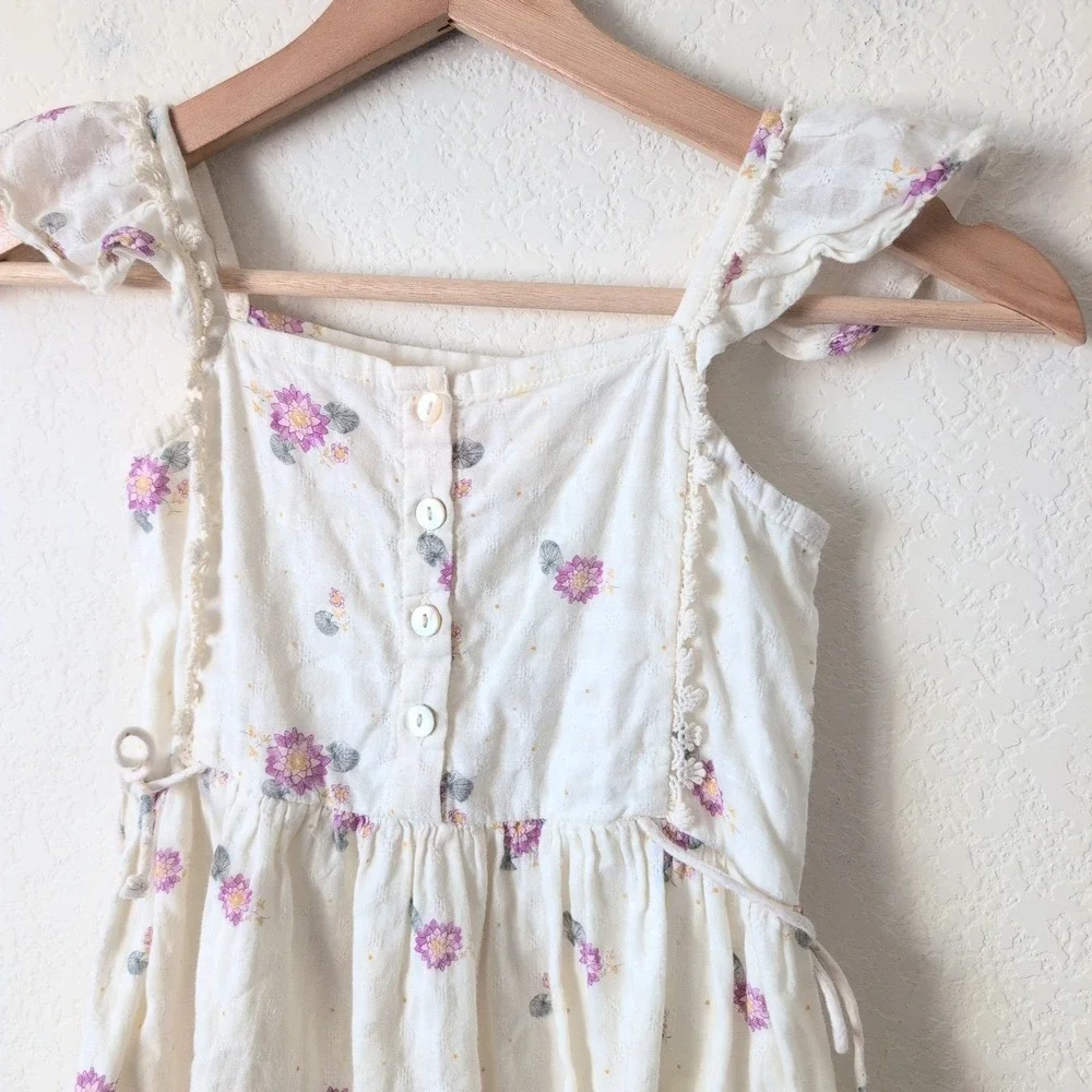 LALI Kids Dress Floral Cotton Button Front Ruffle Sleeve White Purple Girls 5 5Y